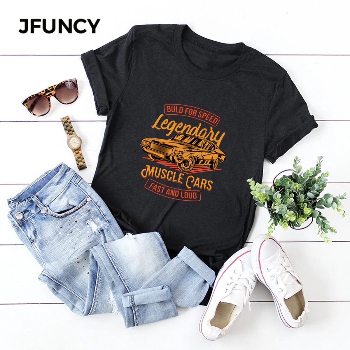 JFUNCY Vintage Car Print Cotton T Shirt Women Short Sleeve Summer Tops Woman Tee Shirts Female  Casual T-shirt
