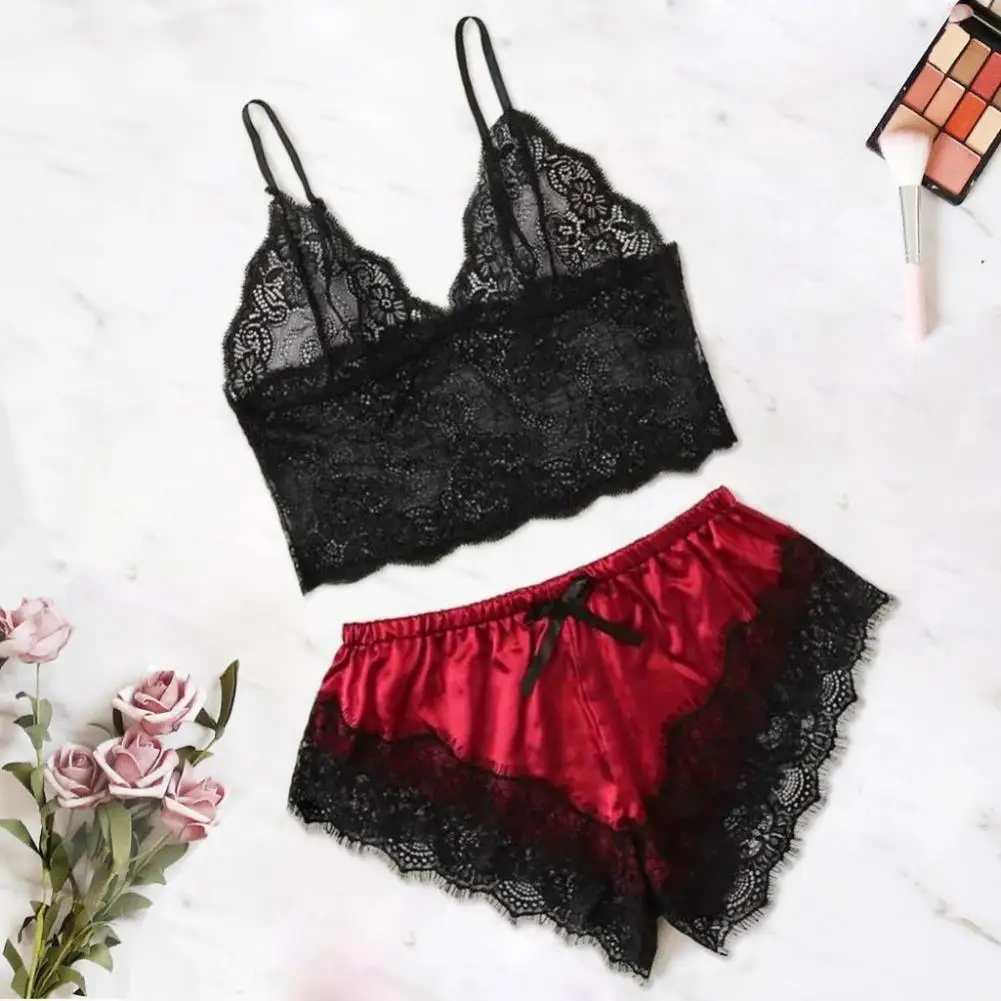 

Sleepwear Set Charming Elastic Solid Color Women Camisole Shorts Lace Sleepwear Set for Honeymoon Valentine Romantic Moment