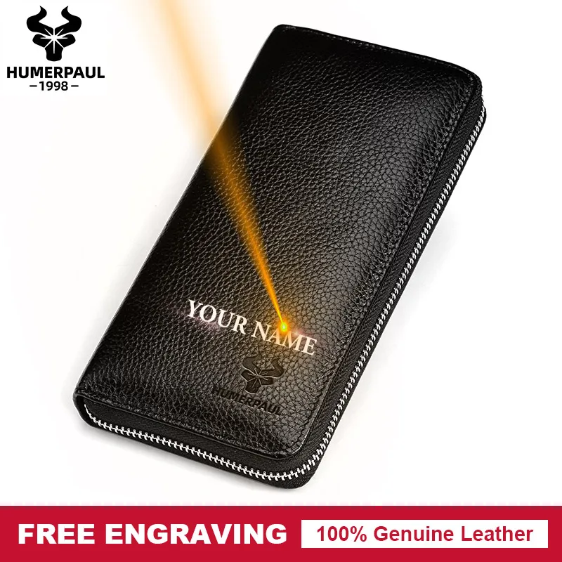 Мужской кошелек из натуральной кожи с бесплатной гравировкой Длинный для монет