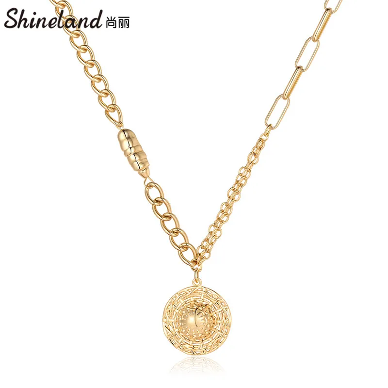 

Shineland 2021 Vintage Irregular Flower Texture Round Women's Pendant Necklaces Party Gold Color Chain Baroque Jewelry Gift New