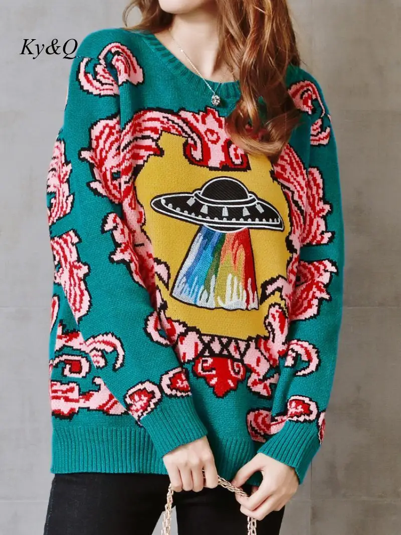 Fashion 2019 Winter UFO Embroidery Print Pullover Loose Lazy Chic Top Sweater Clothes Brand Designer Women Christmas Jumper | Женская