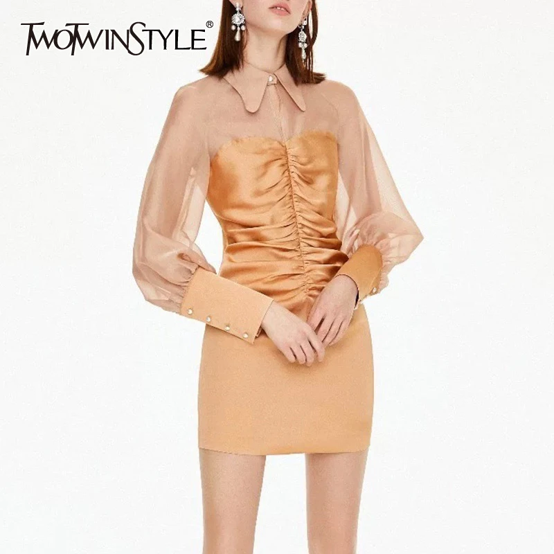 TWOTWINSTYLE лоскутное платье с рюшами для женщин фонарь длинный рукав воротник