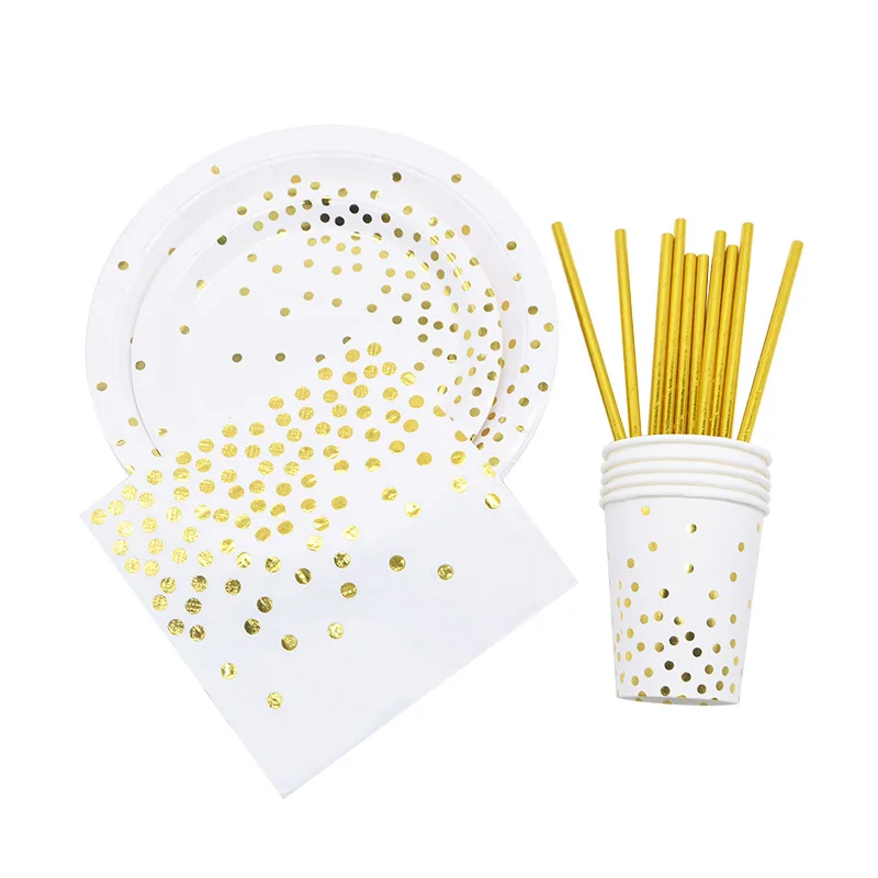 

Gold Happy Birthday Disposable Tableware Paper Plates Cups Straw Napkins for Wedding Birthday Party Decoration Supplies