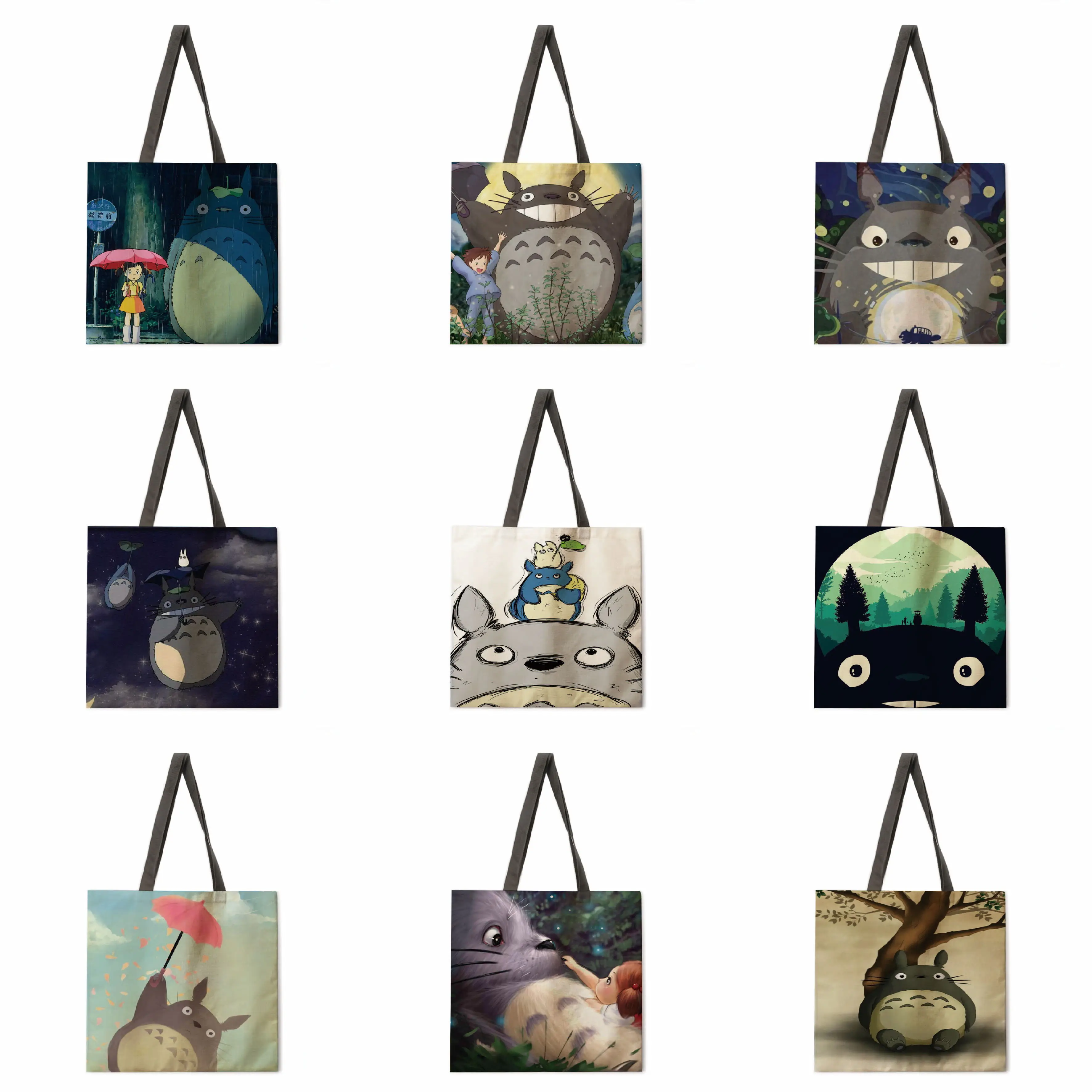 Cartoon anime linen shopping bag ladies backpack foldable beach tote handbag large female |