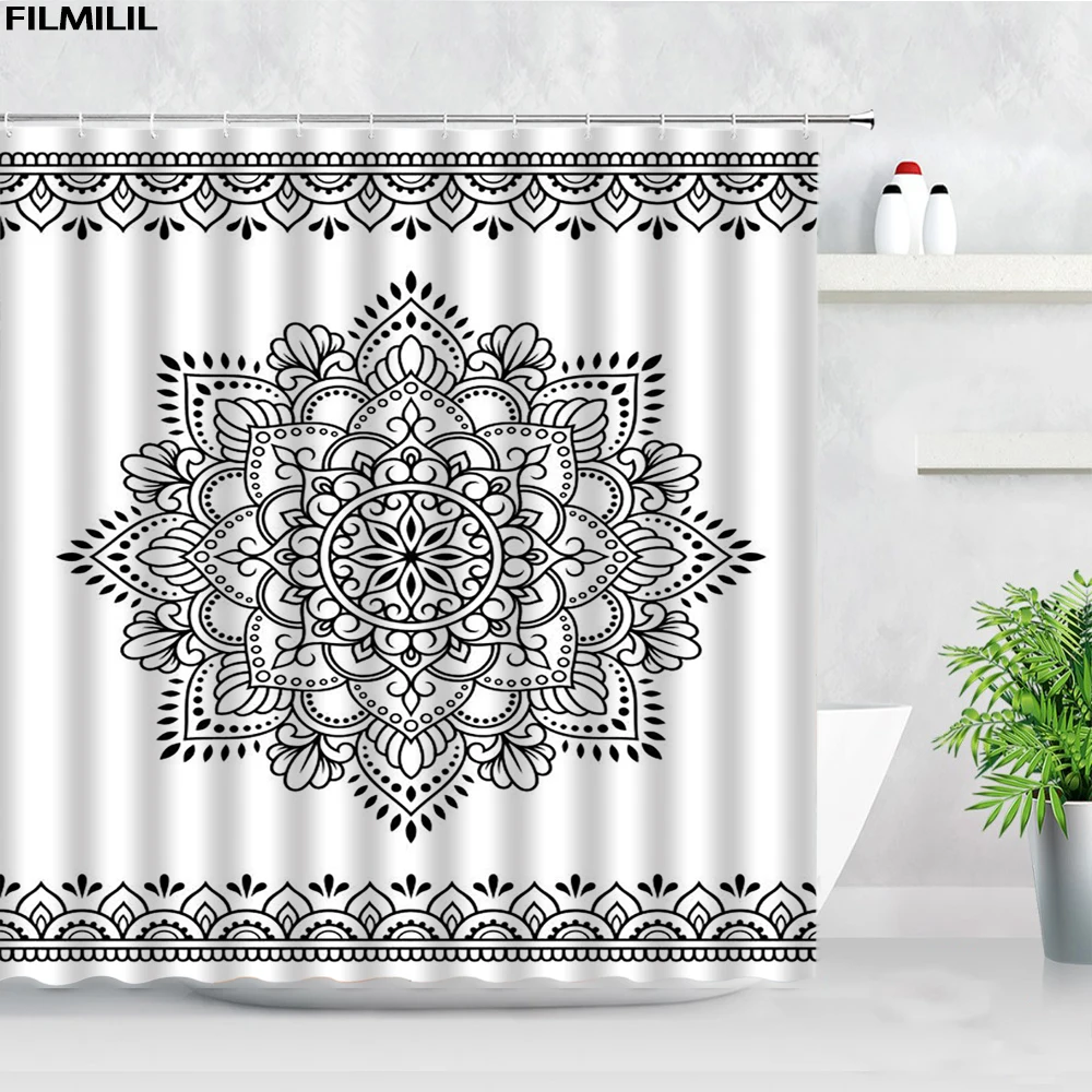 

Indian Bohemian Floral Shower Curtains Waterproof Creative Black White Mandala Flower Home Wall Decor Bathroom Screen With Hooks