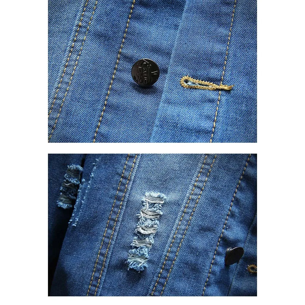 Denim Jacket For Male Men's Holes Jean Jackets Casual Autumn And Winter Jacket Hole Long Sleeve Sweatshirt Outwear Coats Jacket