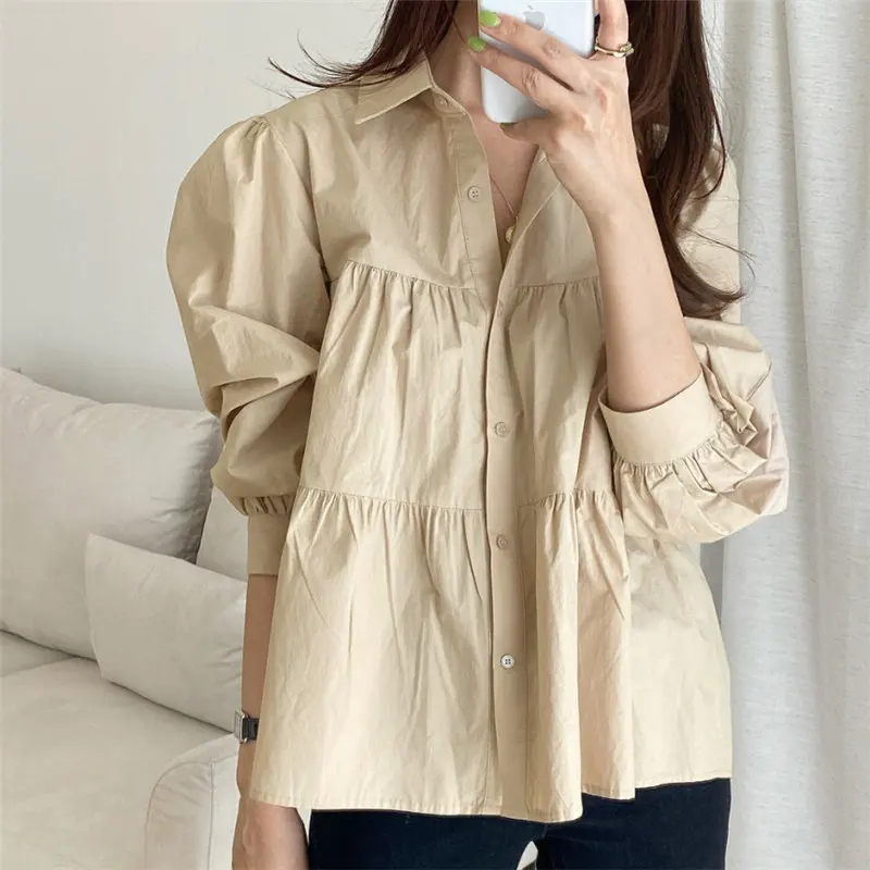

Loose Pleated Puff Sleeves Solid Tops Shirts Harajuku Streetwear Sweet Office Lady Korean Chic All Match Stylish Blouses