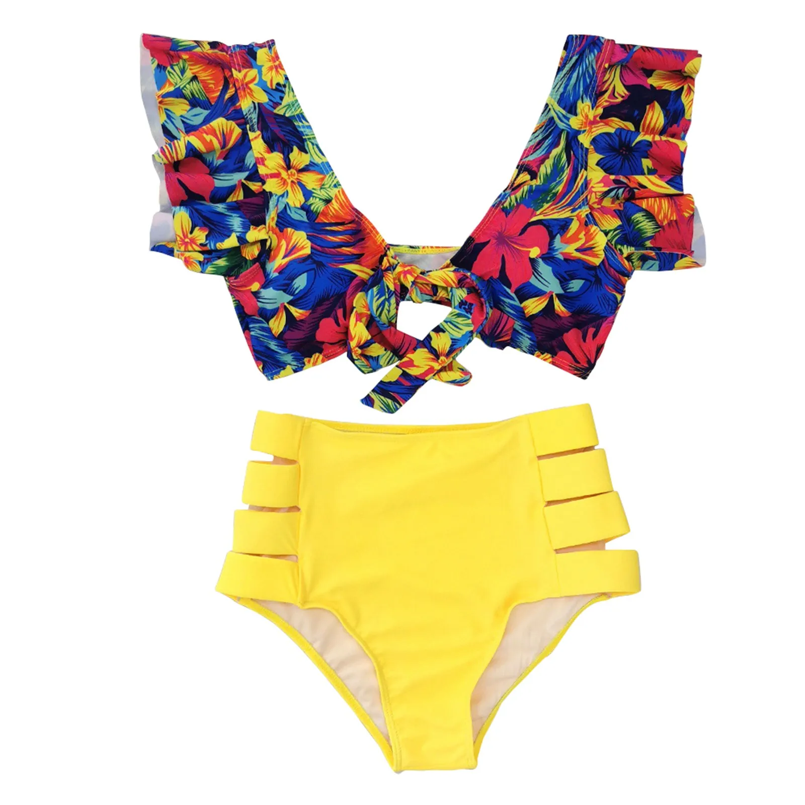 

Sexy Floral Bikini Set Women Ruffled Hem V-Neck High Waist Two Piece Swimsuit 2021 Girls Beach Bathing Suit Swimwear Biquinis