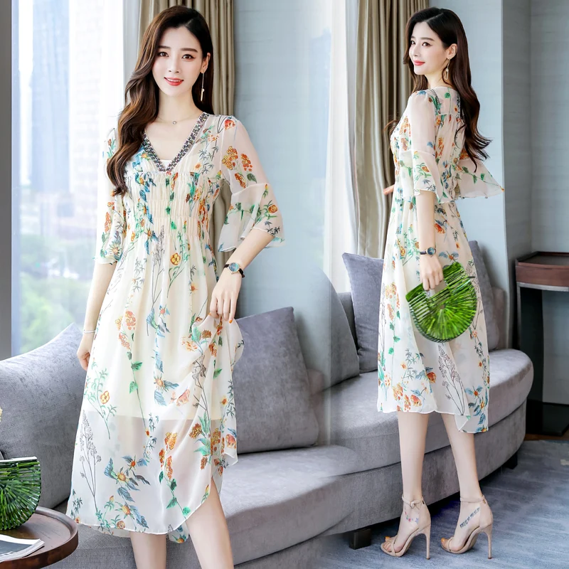 Женское шелковое шифоновое платье элегантное пляжное высокого качества с V