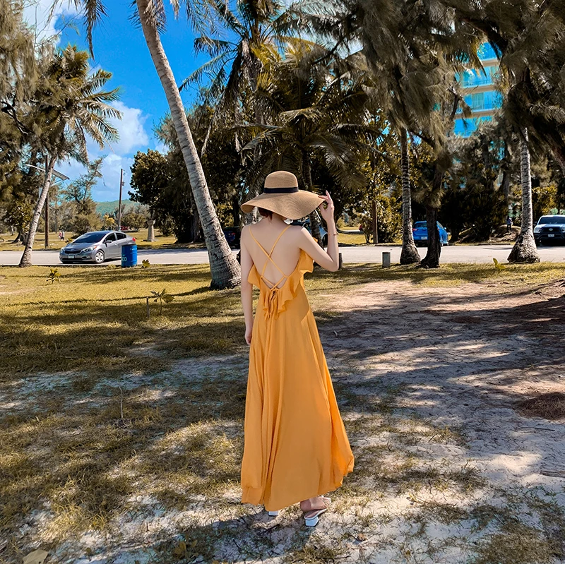 

Beach skirt summer Hainan seaside holiday skirt slim Bohemian long skirt super fairy yellow dress