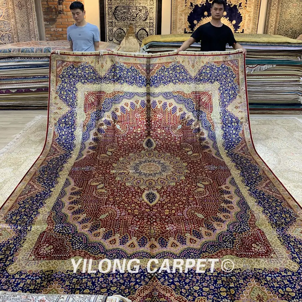 Kopen Yilong 9.2 'X 12.8' Perzische Oversized Zijden Kleed Handgeknoopte Rode Medaillon Qum Tapijt (ZQG282A)