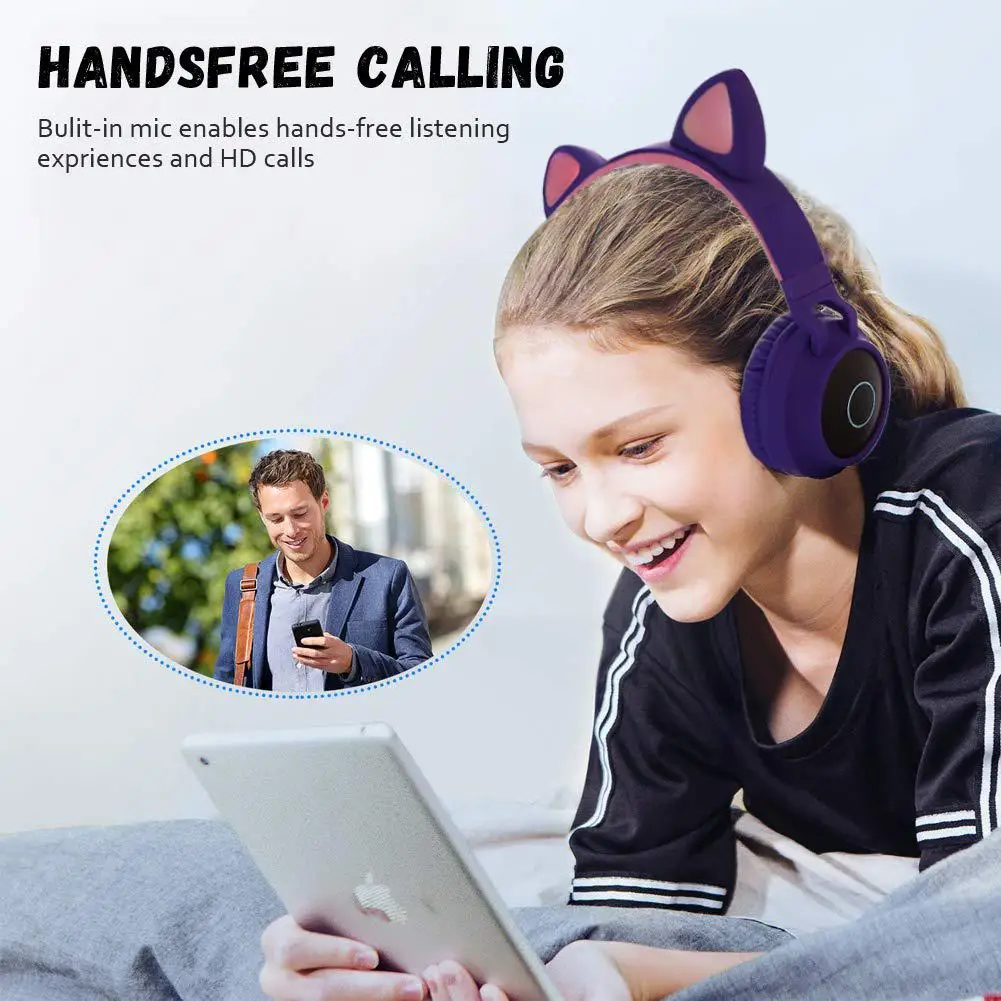 Bluetooth 5.0 Stereo Foldable Wireless Headset with LED Light, Cute Cat Ear Design, Mic, TF Card, FM Radio, and 3.5mm Plug image 5