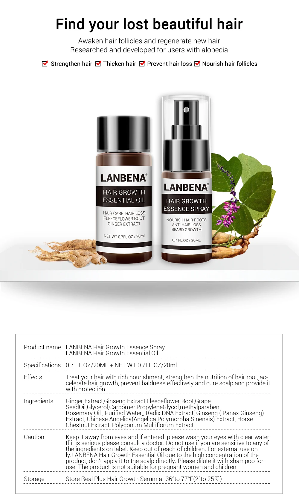 LANBENA быстрая мощная эссенция для роста волос+ спрей 2 шт. предотвращающий облысение укрепляющий против выпадения волос питающий корни Уход за волосами