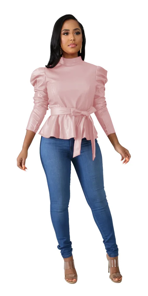 pink top Adogirl/однотонный топ с баской из искусственной кожи; коллекция года; сезон осень-зима; водолазка с длинными рукавами-фонариками; Модная Повседневная рубашка с поясом; женская одежда - Цвет: pink top