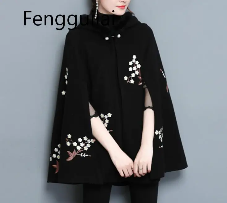 Женское шерстяное пальто FENGGUILAI винтажное пончо черного цвета с капюшоном и