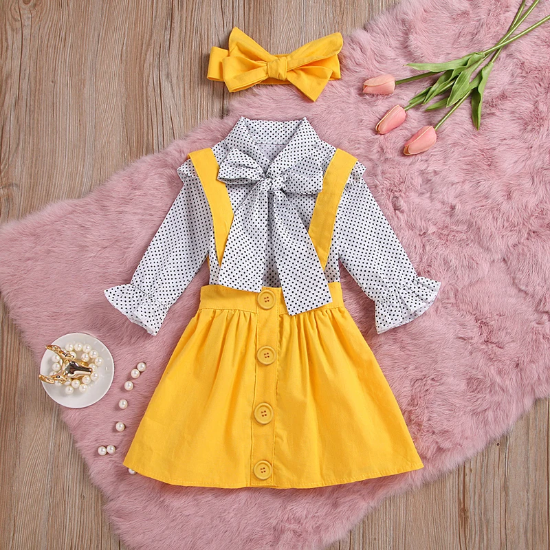 L9222yellow HE Hello Enjoy/комплекты одежды для маленьких девочек, летний топ в горошек с рукавами-крылышками+ платье на бретелях+ повязка на голову, комплект детской одежды из 3 предметов - Цвет: L9222yellow