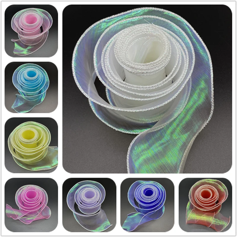 1 ярд/Лот 50 мм серебристо проводной с волнистым краем лента из шелковой органзы
