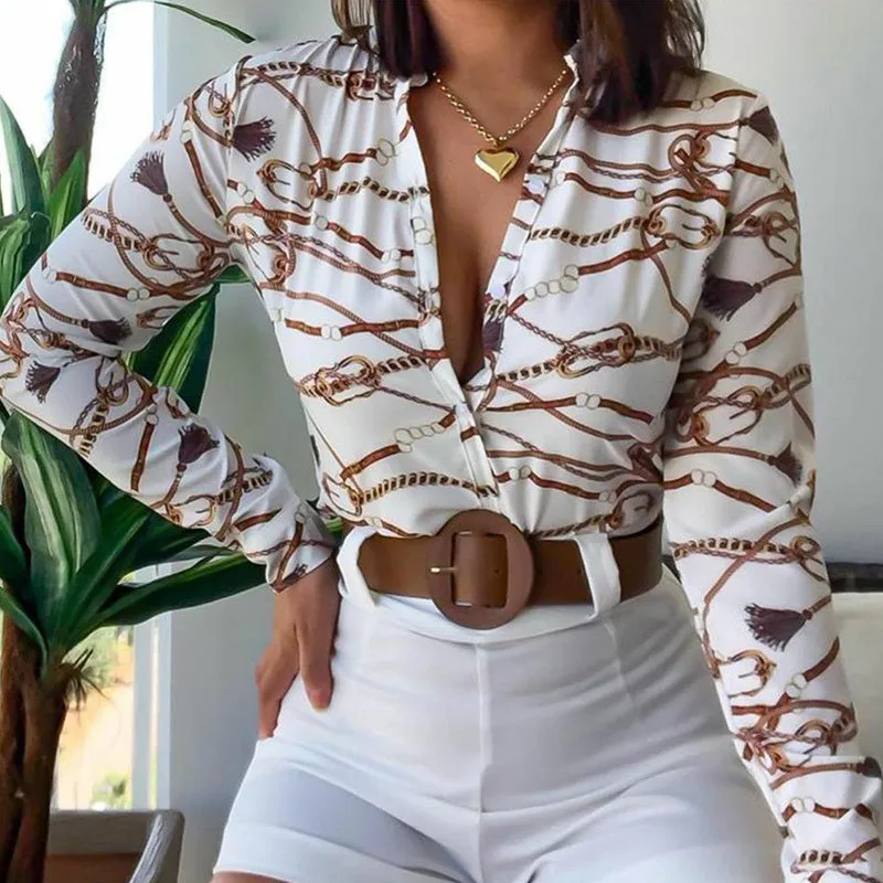 

Women Button Down Loose Shirts Trendy Printed Long Sleeve Deep V Neck Blouse Tops Spring Summer Floral Printed Stylish Shirts