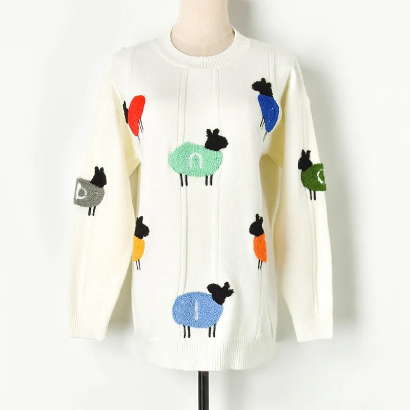 INS Popular Thick Women Sweater with Contrast Color Sheep Pattern Towel Embroidery Lilac Long Sleeves Knitted Pullover | Женская одежда