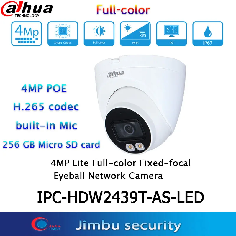 

Dahua IPC-HDW2439T-AS-LED-S2 IPtv 4MP POE Full Color H.265 24 Hours Built-in Mic CCTV Fixed-focal Eyeball Network Camera