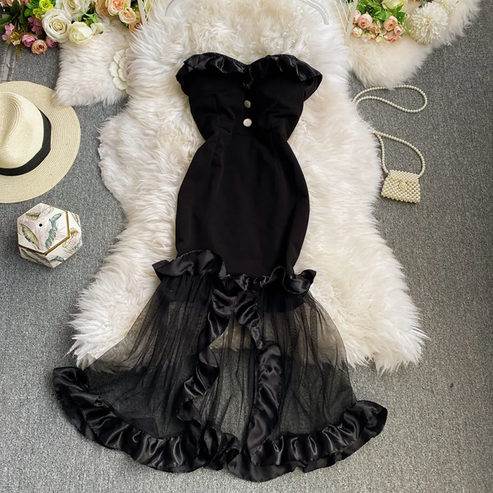 Женское многослойное платье макси с оборками элегантное вечернее прозрачное