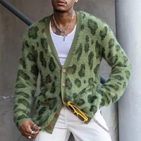 leopard knit men sweater jacket autumn winter mohair flexible warm cardigan green long sleeved youth v neck men coat in stock