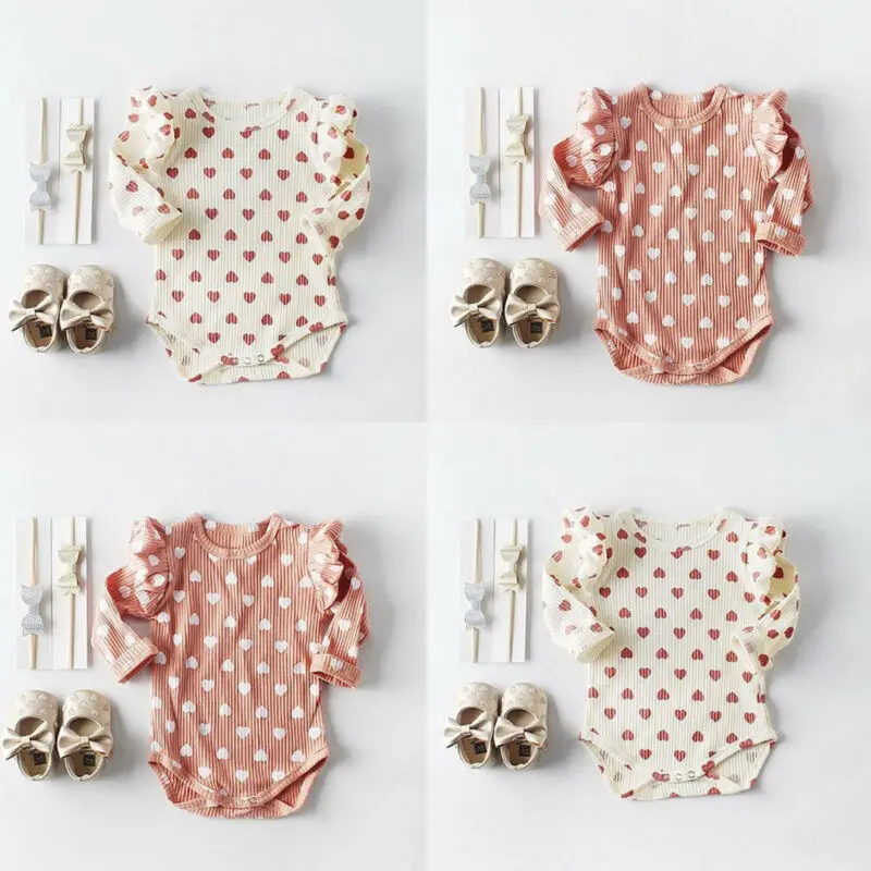 Spring Autumn Baby Clothing Baby Girls Ribbed Clothes Girl Ruffle Hearts Jumpsuit Newborn Fly Long Sleeve Bodysuit Kids Outfit
