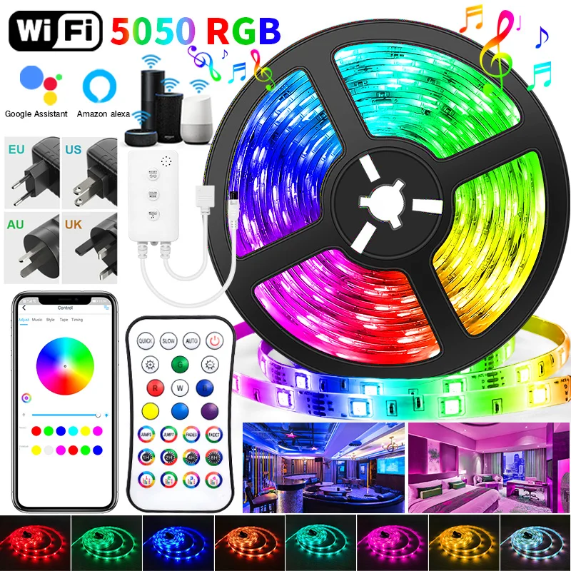 

30M WIFI LED Strip Lights Bluetooth RGB Led light 5050 SMD Flexible 20M 25M Waterproof 2835 Tape Diode DC WIFI Control+Adapter