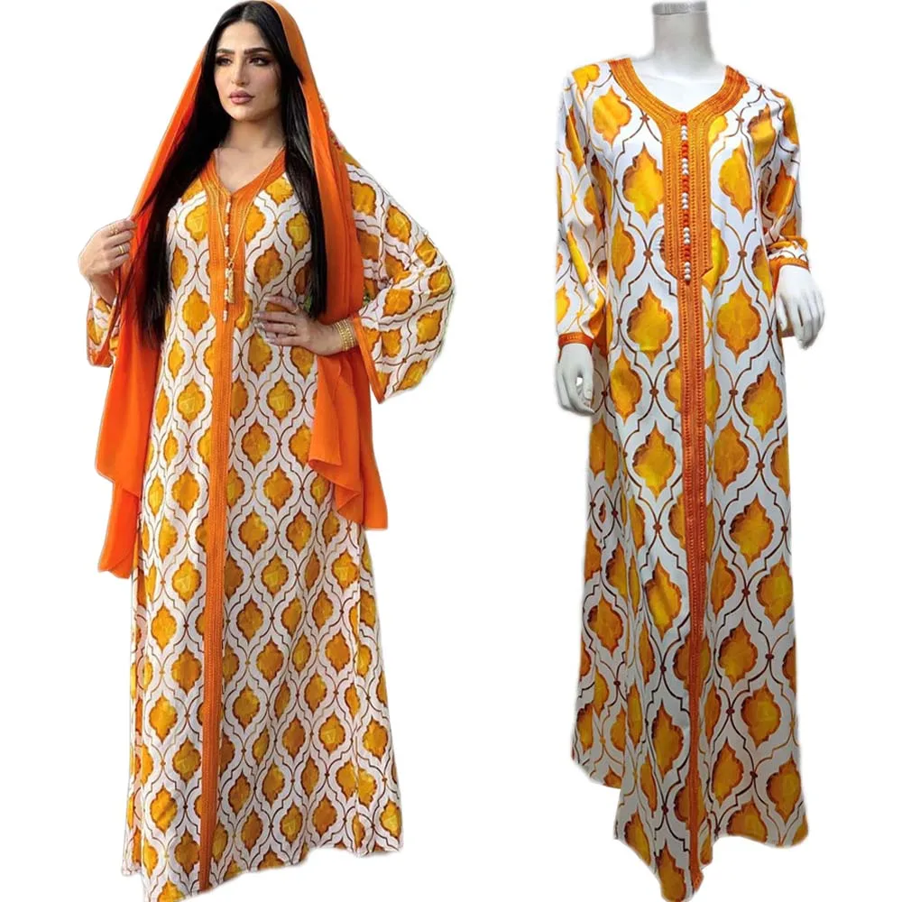 Женское платье макси с длинным рукавом Рамадан, оранжевое платье с принтом Дубая, модная абайя с лентой и V-образным вырезом, арабское мусуль...
