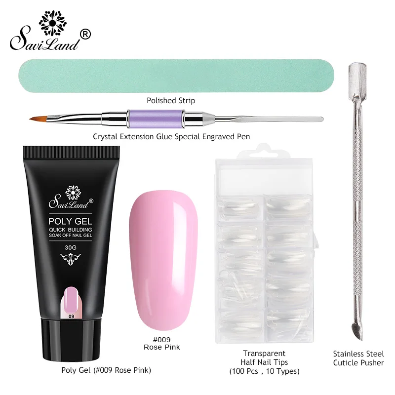 rose pink gel set Saviland 30 г полигелевый набор для быстрого УФ-геля двойного использования для маникюра, кисти для наращивания ногтей, полигелевые инструменты, набор 10 шт - Цвет: rose pink gel set