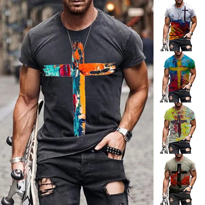 

Men's 2021 Summer New Fashion Oversized Vintage Short Sleeve T Shirts Harajuku Colorful Cross Printed O Collared Tshirts For Men