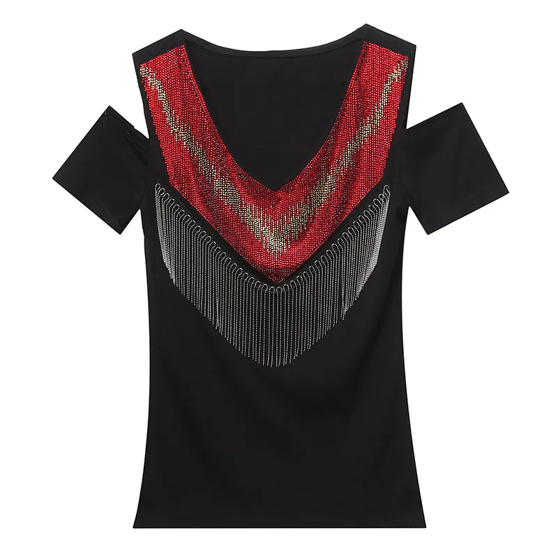 

2021 Summer New Heavy Craft Diamond-encrusted Tassel Shoulders Show Thin Short-sleeved Fashionable Blouse T Woman
