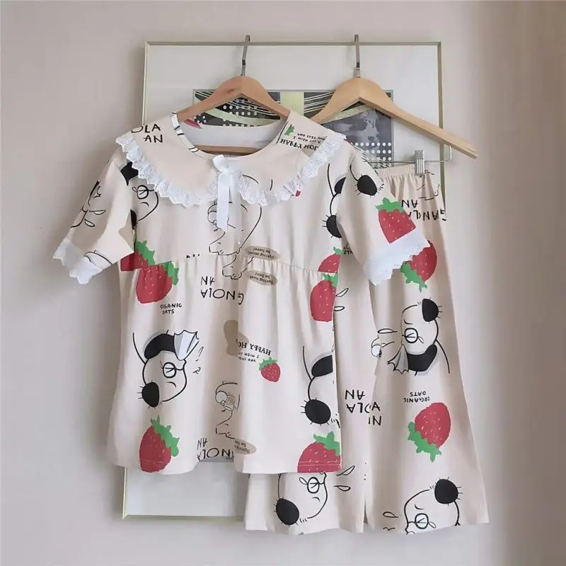 

Summer Cute Printed Short-sleeved Cropped Pants Home Pajamas Loose Doll Collar Pajamas Two-piece Suit
