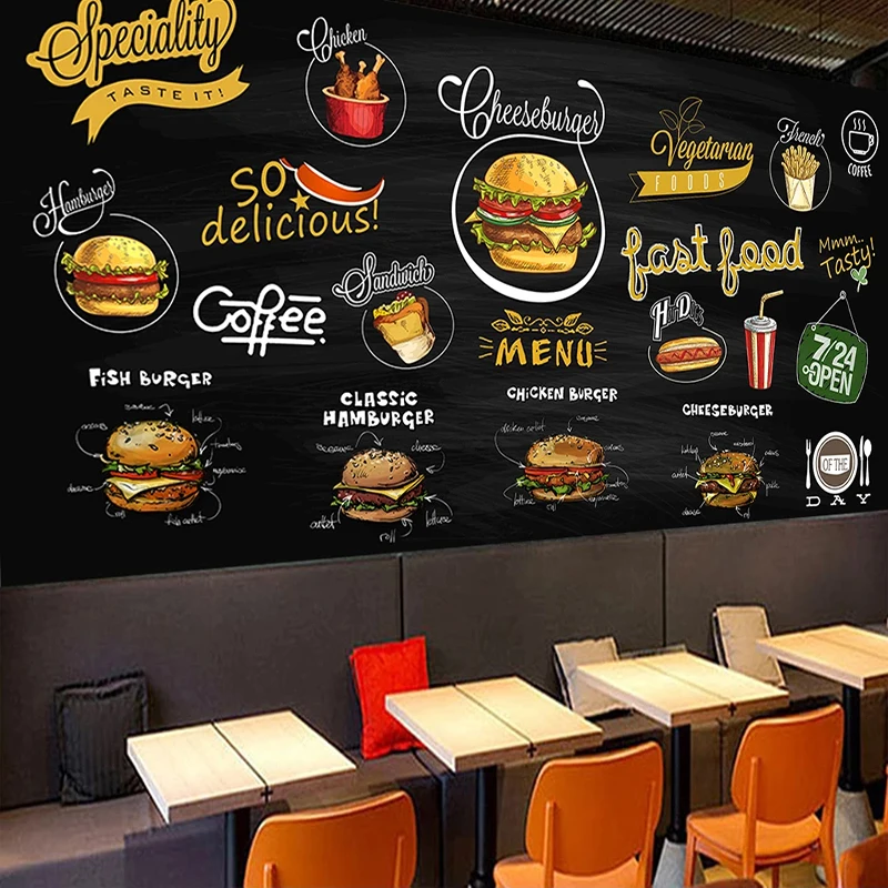 

Custom Mural Hand Painted Blackboard Pizza Hamburger 3D Photo Wallpaper Kitchen Restaurant Background Wall Decor Papier Peint