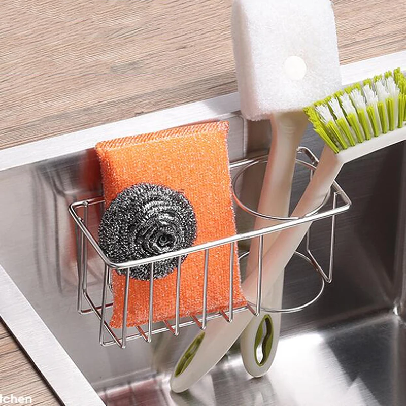 

Stainless Steel Sponge and Brush Holder No Drilling Kitchen Sink Organizer Waterproof Sink Caddy Drainer Integrated Drainer