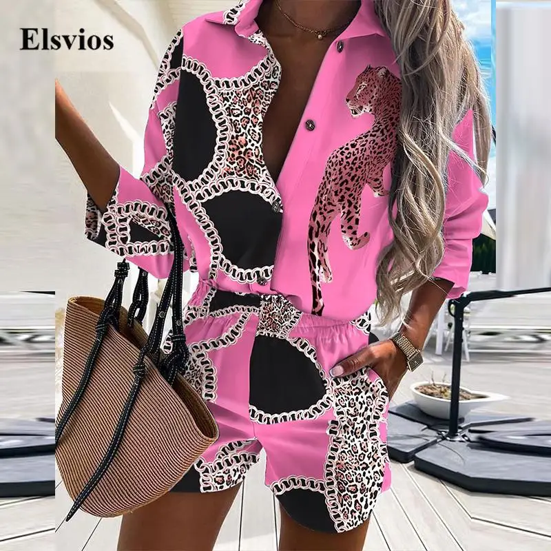 

Fashion Leopard Print Women Two Piece Sets 2021 Autumn Turn-Down Collar Tops + Summer Shorts Suit Casual Button Shirts Outfits