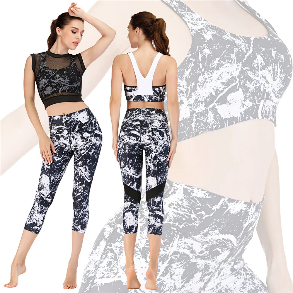 

Printed Black Sexy Fitness Sports Women Yoga Sets Running Bra Leggings Suits Tracksuit Gym Sportswear Tight Workout Clothes