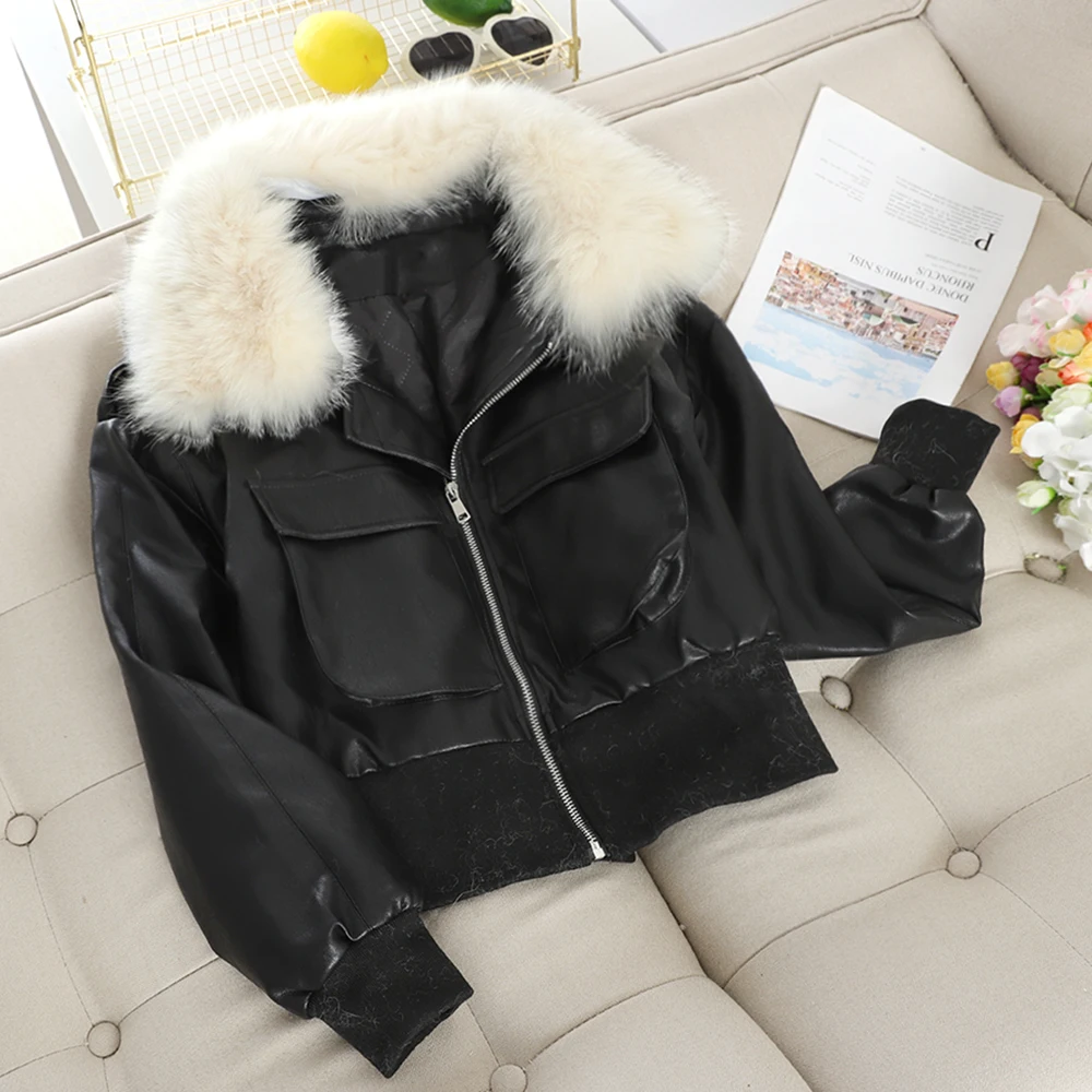 Зима 2019 новинка белая хлопковая короткая куртка с меховым воротником из