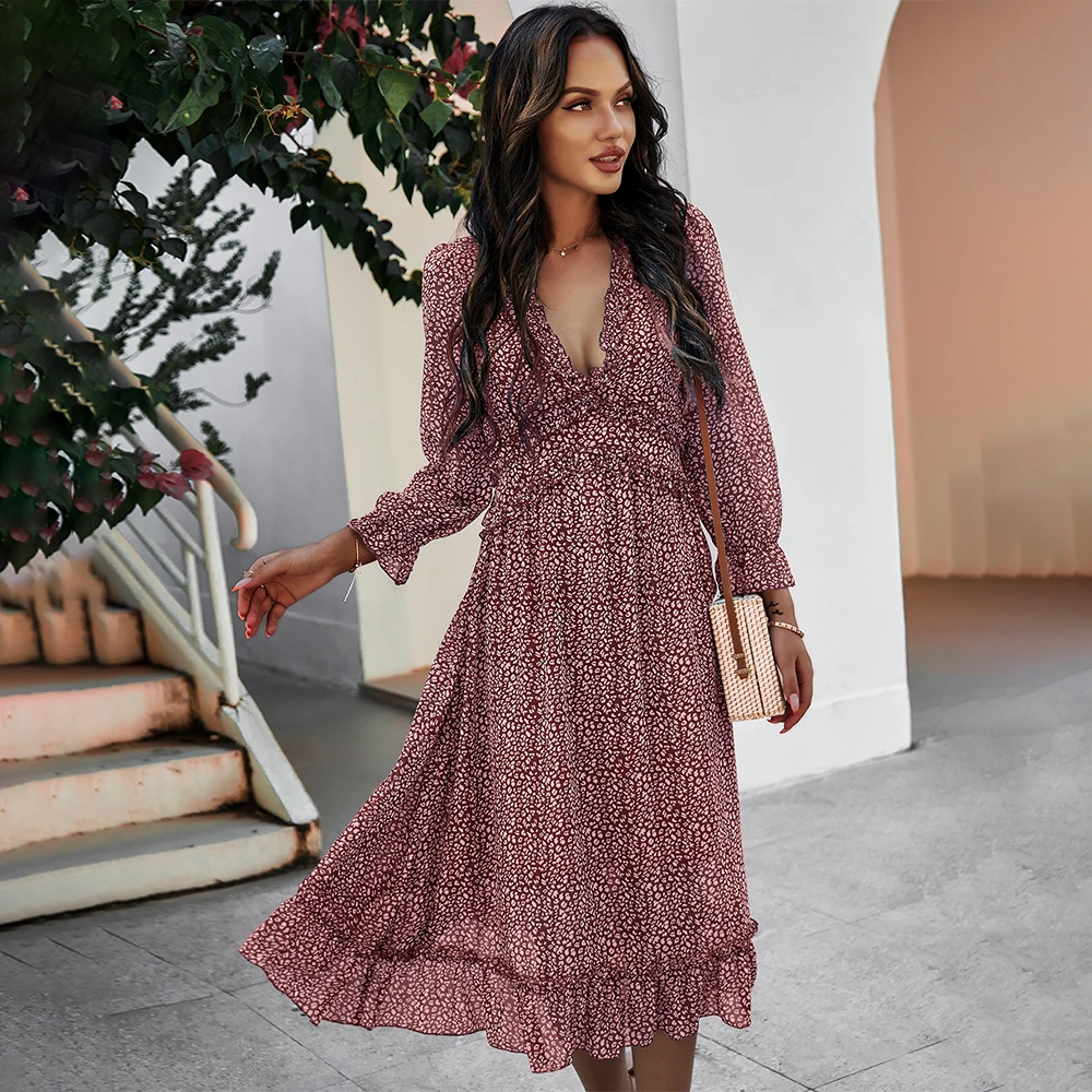 

Summer Dot Print Ruffle Long Sleeve Women Dress 2021 Spring Casual V-neck High Waist Dress Ladies Vintage Midi Dress Vestidos