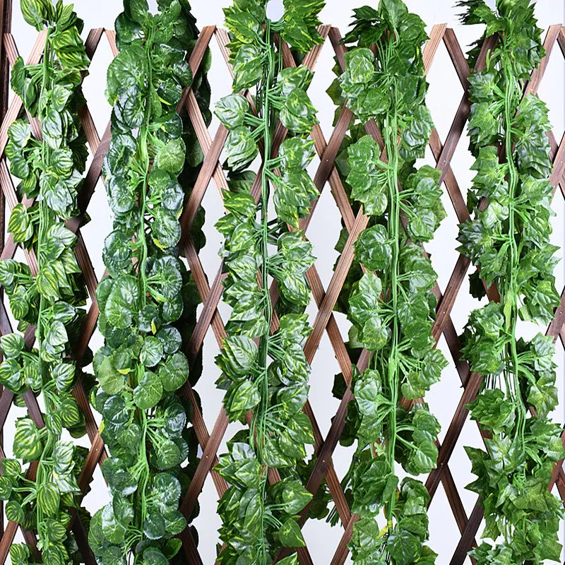 12Pieces / Set Green Artificial Decorative Rattan Ivy Green Stalk Leaf Rattan Decorative Wall Showcase Fake Silk Cloth Rattan images - 6