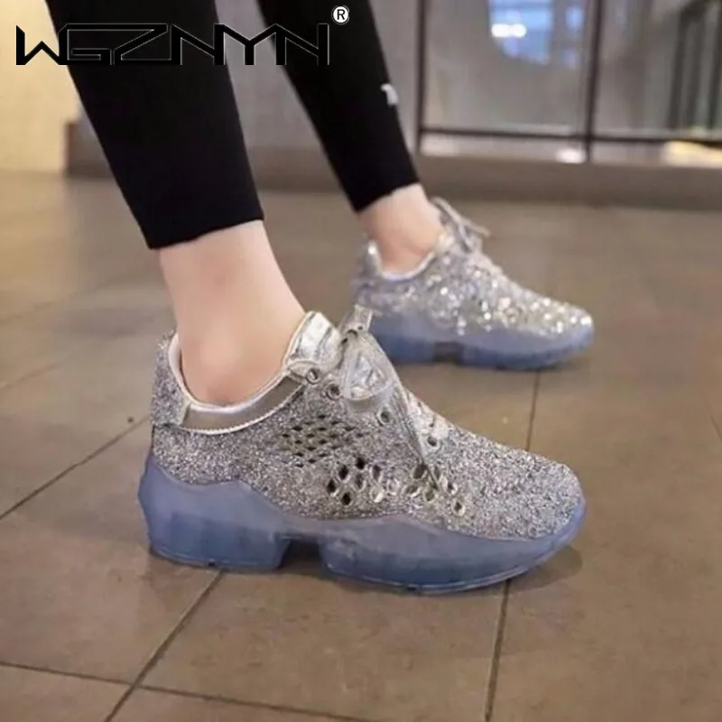 

High Quality Autumn Women Chunky Sneakers Women Platform Shoes Bling Sequined Lace-Up Vulcanize Shoes Female Trainers Dad Shoes