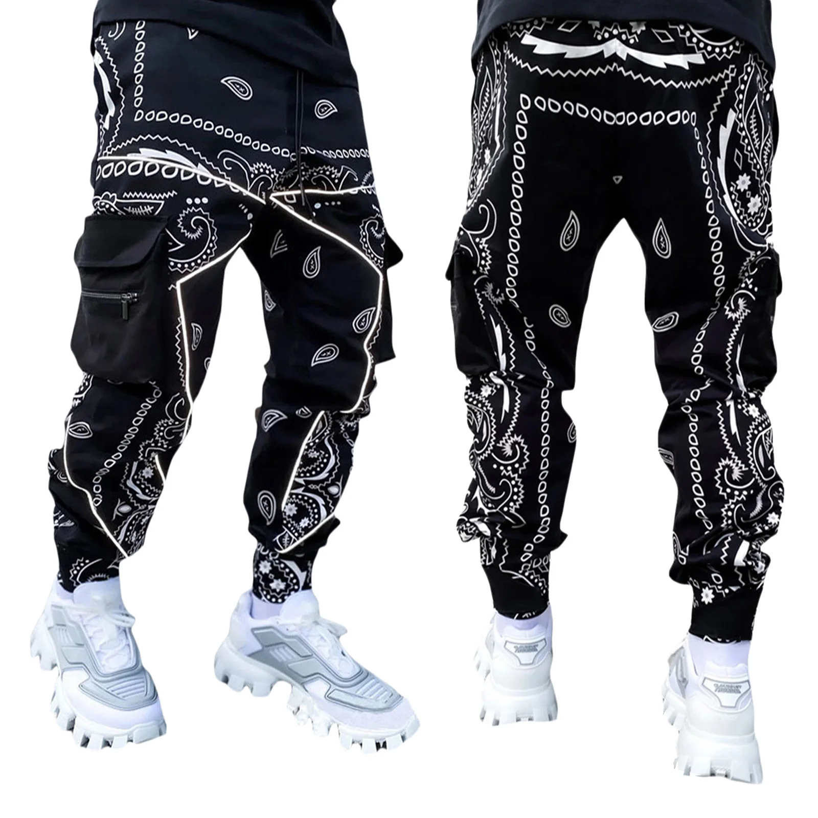 

Men s Trousers, Floral Print High Waist Long Pants Ankle Banded Pants with Multiple Pockets for Spring Fall