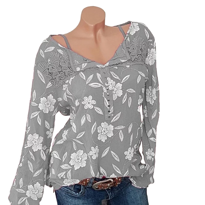 Кружевная футболка с длинным рукавом и цветочным принтом модная женская