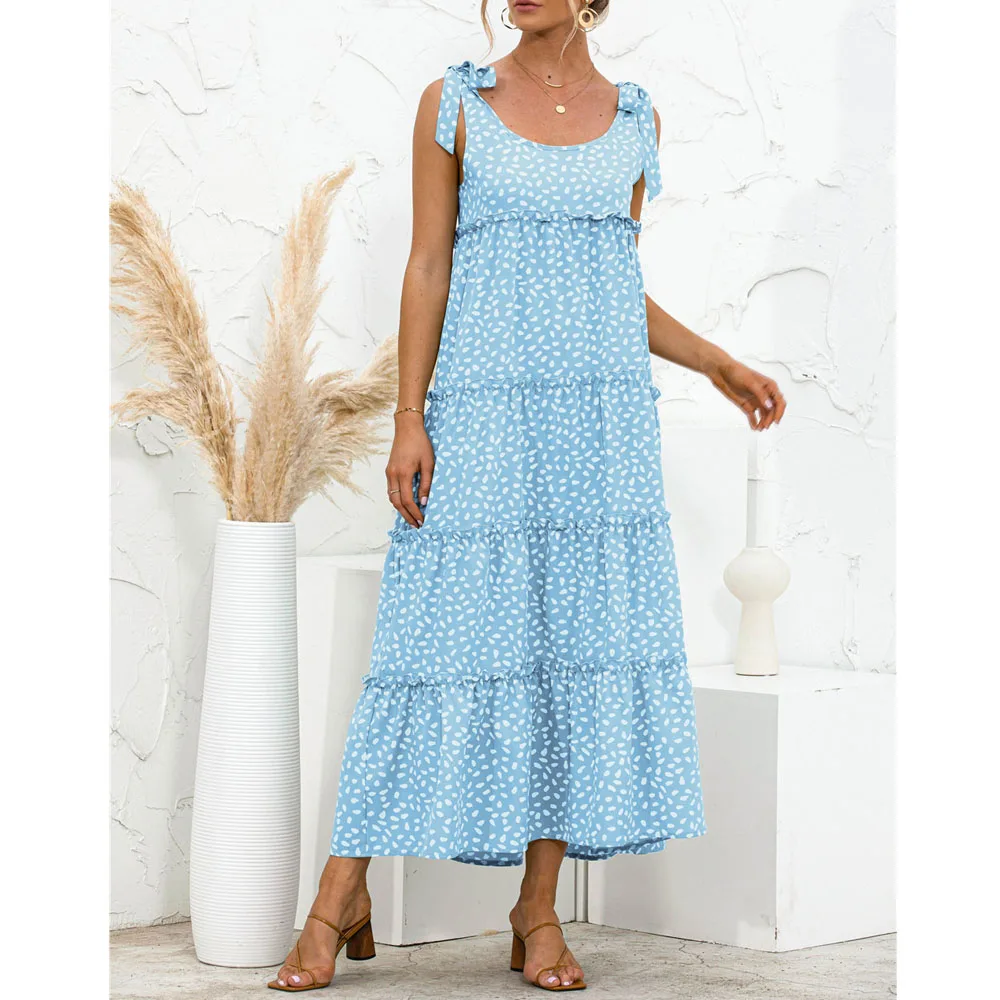 

Spaghetti Strap Long Dress 2021 Women Lace-up Polka Dot Summer Sundress Ruffles Splice Loose Print Sweet Boho Beach Maxi Dresses