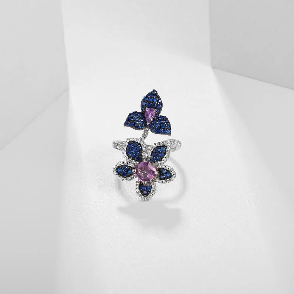 Женское Открытое кольцо из серебра 925 пробы с натуральным аметистом ручной