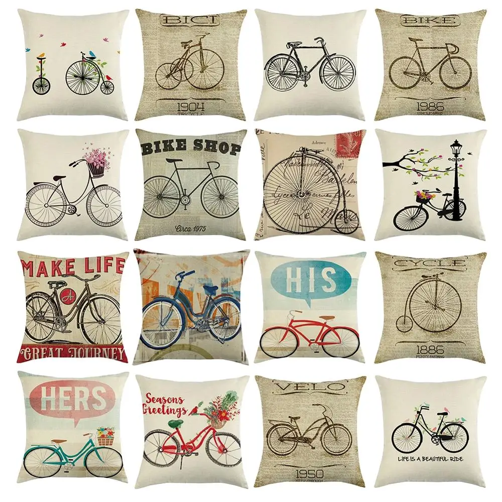 

18" Retro Bicycle Pattern Linen Pillowcase Decoration Cushion Cover For Home Sofa Living Room Office Seat Chair Decor Pillowcase