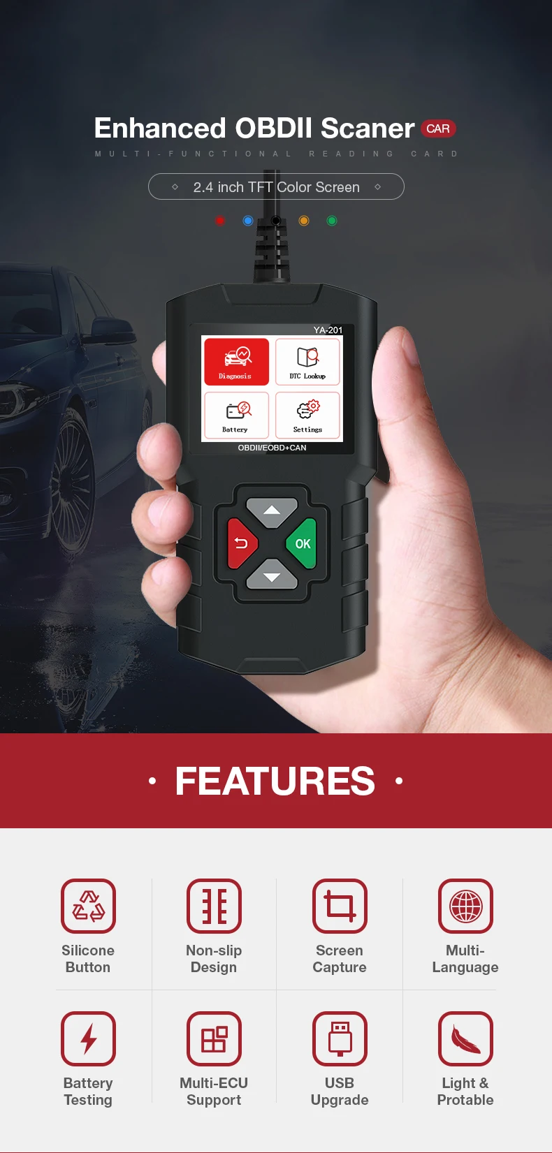 YA101 YA201 OBD2 сканер OBD II автоматический считыватель кодов автомобильный диагностический инструмент PK obdlink easydiag OM123 CR319 AD310 ELM327 V1.5 инструмент сканирования