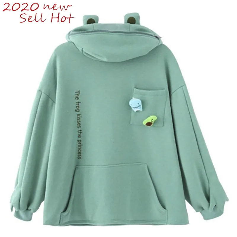 

Harajuku Women Hoodie Frog Pullover Winter Sense Hooded Casual Sweatshirts Autumn Embroidery Loose Top Doll Decoration Hoodies