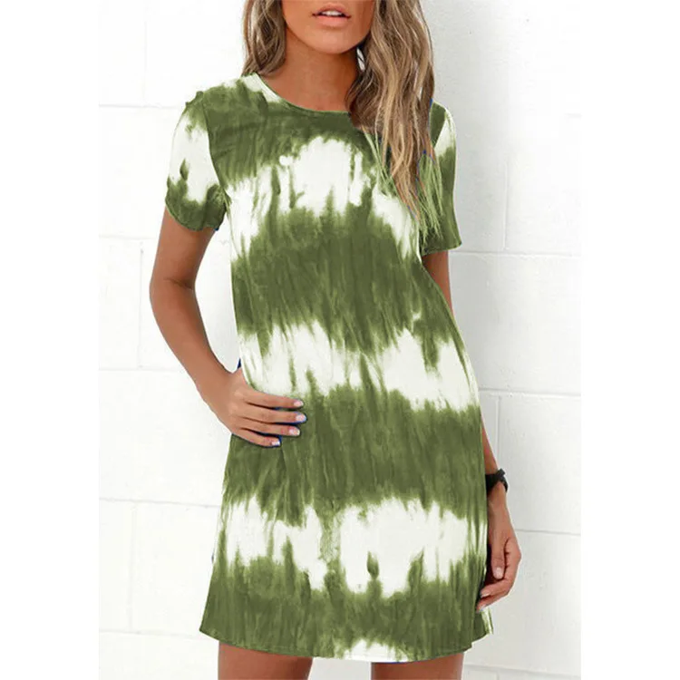 

Fashion Gradient Striped Print Casual Women Short Dress O-neck Plus Size Loose Dress Short Sleeve Pocket Sexy Summer Dress Femme