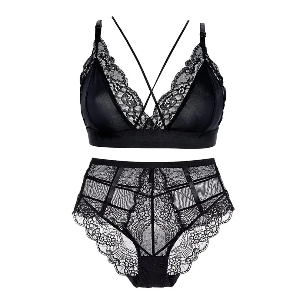 

Black wire free cross strap sexy bra set ladies ultra thin lace breathable comfortable high rise panties 2 pieces/pack CYHWR